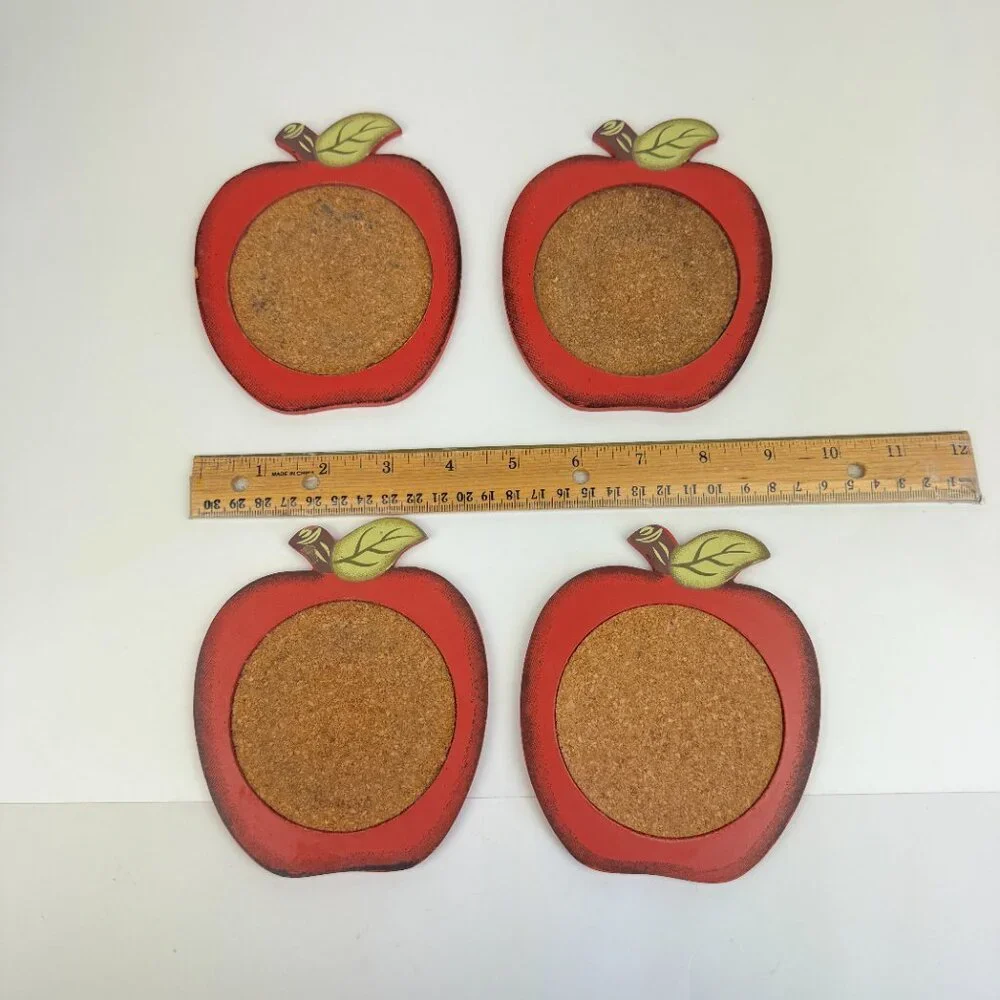 Vintage Set of 4 Red Apple Shape Coasters Wood Cork in Apple Basket Holder Theme